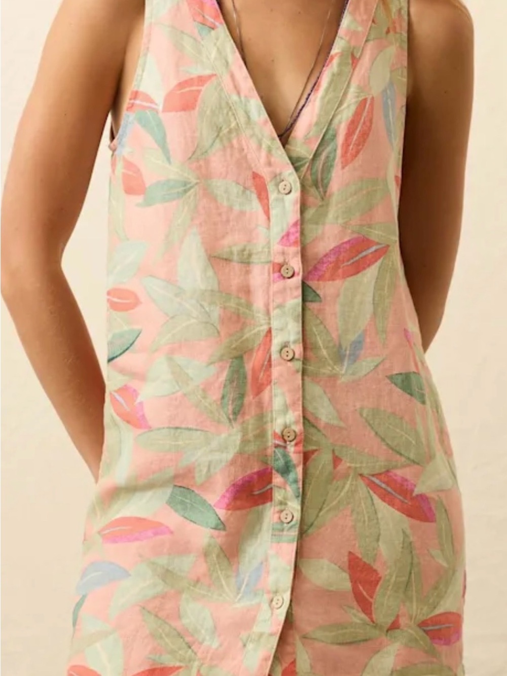 Flaherty Sleeveless Pink palm Leaf Print Button-Front Dress